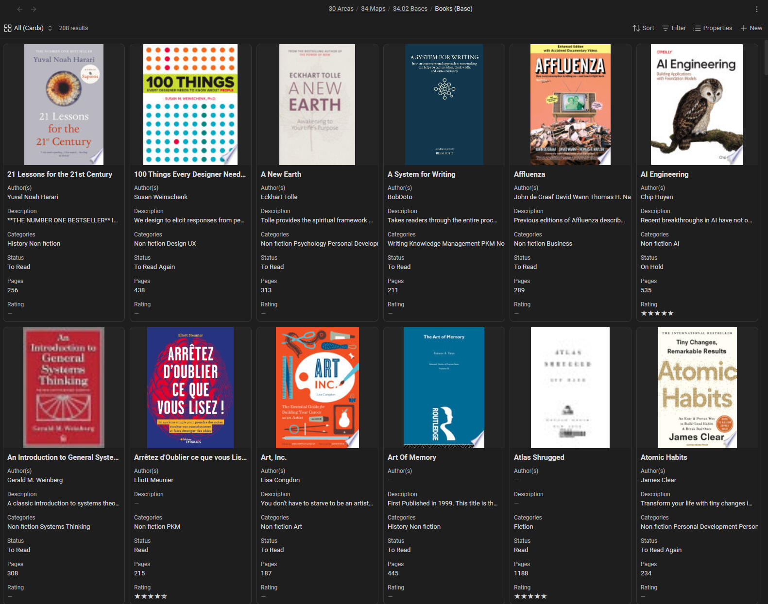 Books base cards view with caption "Manage your reading list like a database - no manual organization needed